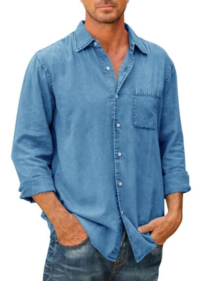 Last Day 48% Off🔥Mens Denim Long Sleeve Button Down Shirt